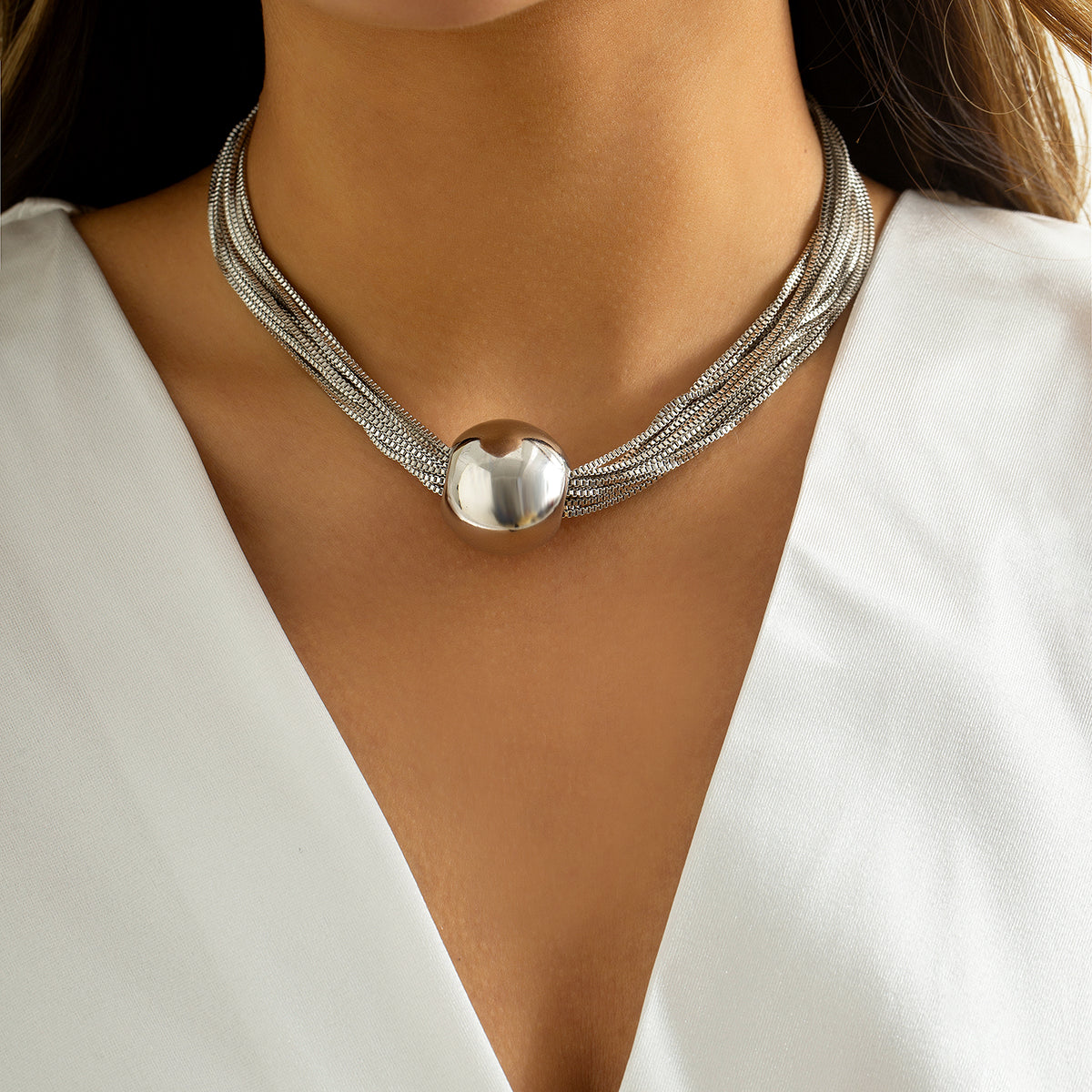 Silver-Plated Multi-Chain Ball Pendant Statement Necklace, chunky silver choker necklace, front view