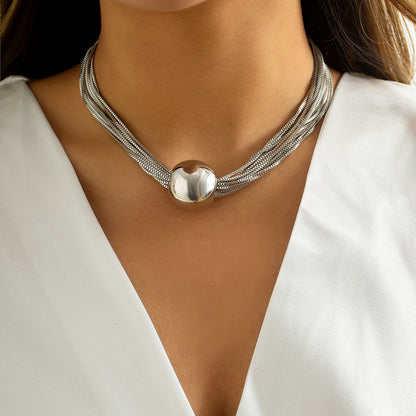 Silver-Plated Multi-Chain Ball Pendant Statement Necklace, chunky silver choker necklace, front view