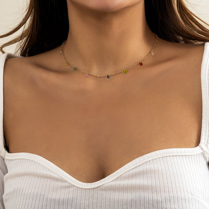 Rainbow Crystal and 18K Gold-Plated Station Necklace, chunky gold choker necklace, elegant gift for her, front view