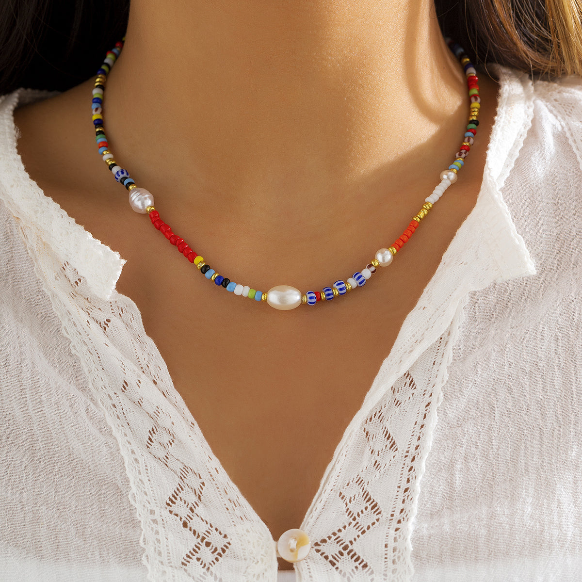 Red Howlite & Pearl Silver-Plated Beaded Choker Necklace