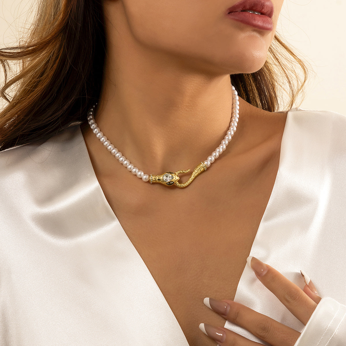 Crystal and Pearl 18K Gold-Plated Snake Necklace, chunky gold choker necklace, everyday style, front view