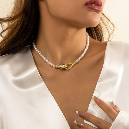 Crystal and Pearl 18K Gold-Plated Snake Necklace, chunky gold choker necklace, everyday style, front view