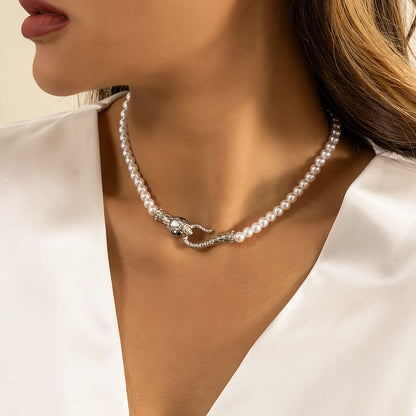 Crystal and Pearl Silver-Plated Snake Necklace, chunky silver choker necklace, everyday style, front view