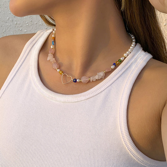 Pearl and Quartz 18K Gold-Plated Open Heart Choker Necklace, gold pendant necklace for women, front view