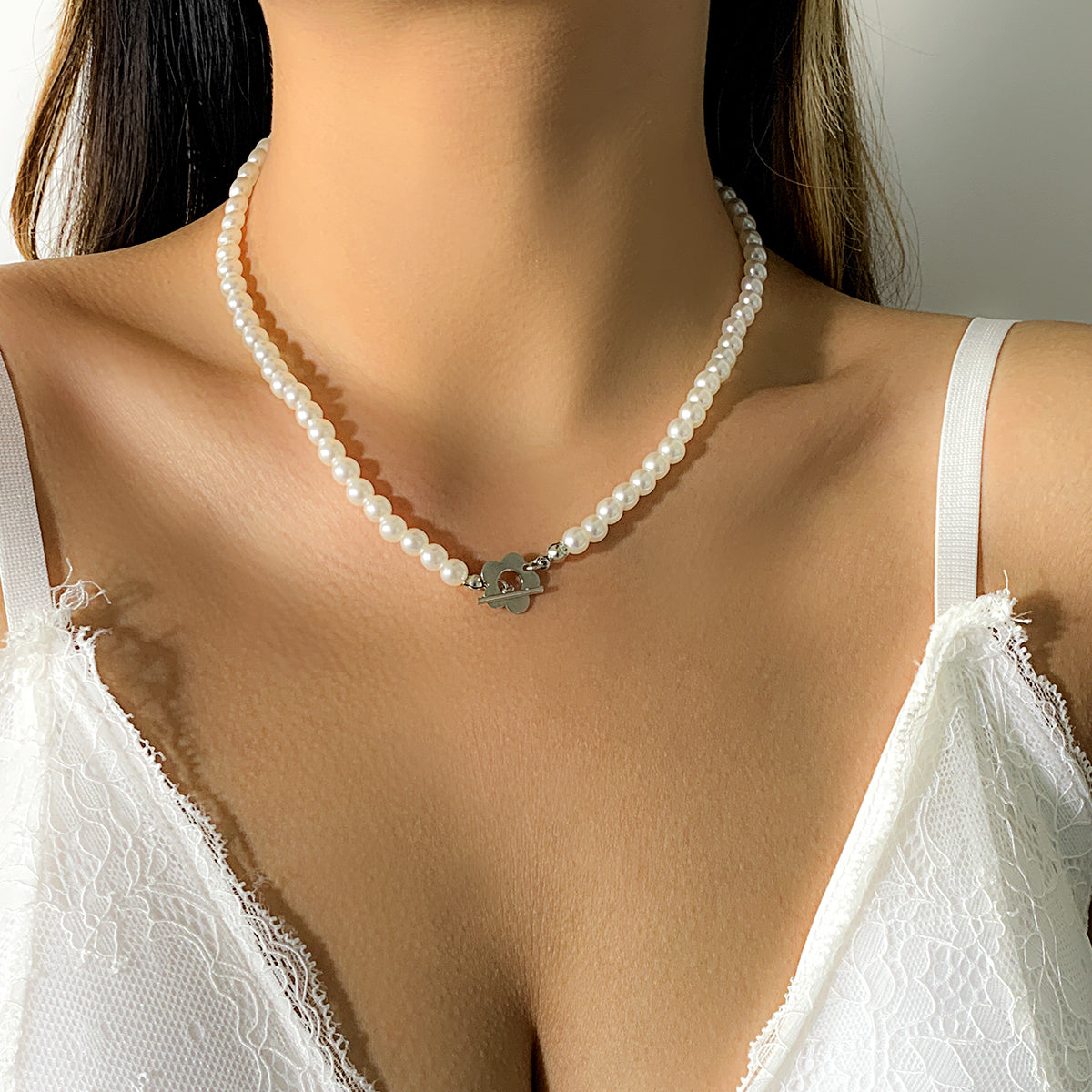 Pearl and Silver-Plated Flower Toggle Necklace, silver pendant necklace for women, botanical inspired, side view