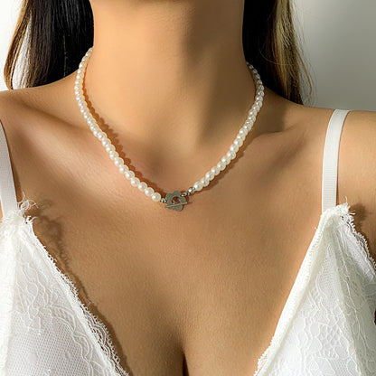 Pearl and Silver-Plated Flower Toggle Necklace, silver pendant necklace for women, botanical inspired, side view