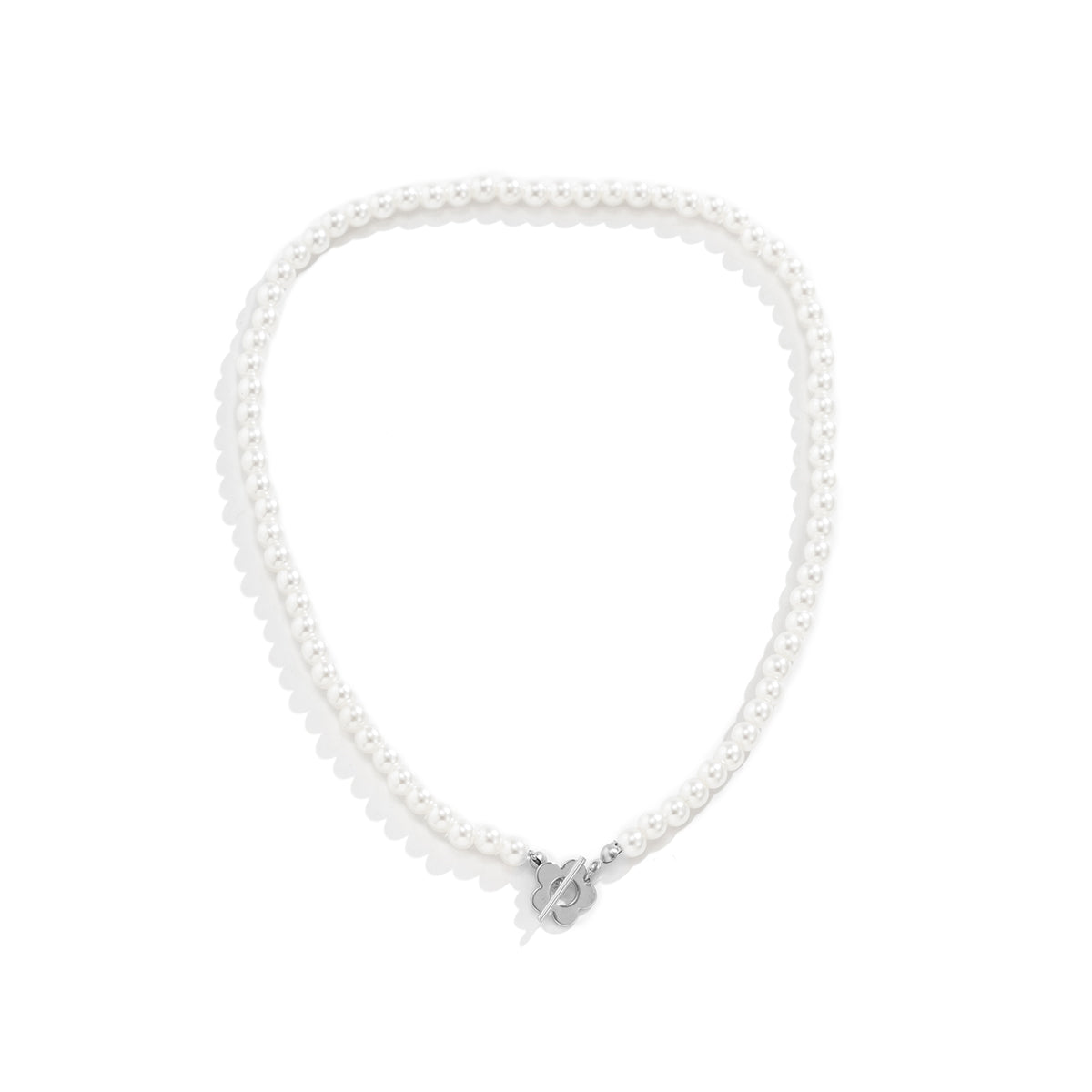 Pearl and Silver-Plated Flower Toggle Necklace, silver pendant necklace for women, botanical inspired, lifestyle look