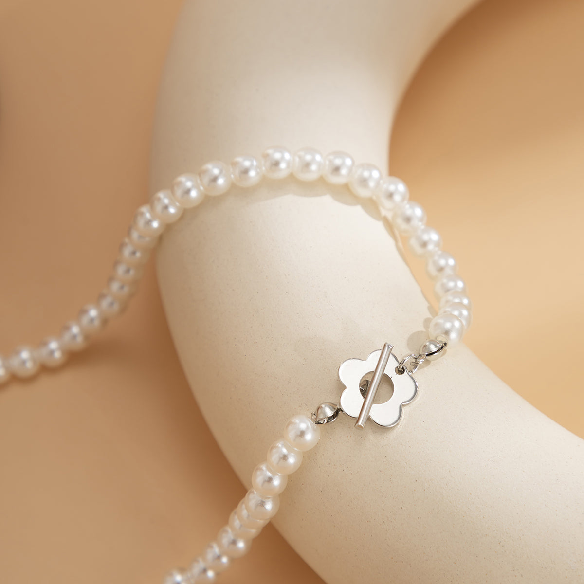 Pearl and Silver-Plated Flower Toggle Necklace, silver pendant necklace for women, botanical inspired, styled look