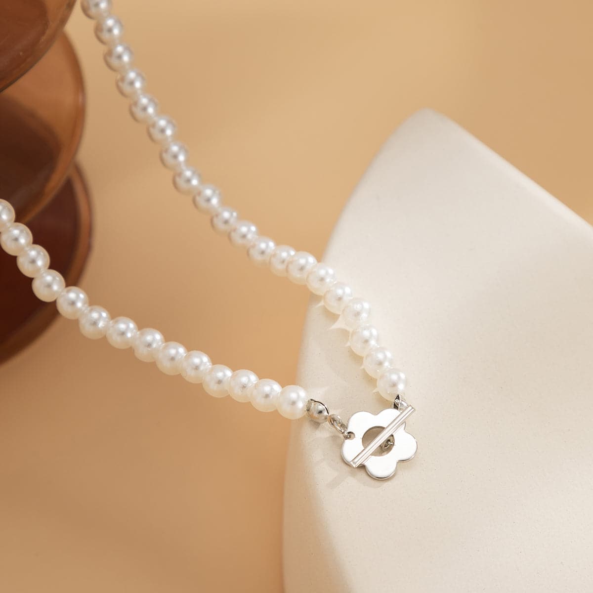 Pearl and Silver-Plated Flower Toggle Necklace, silver pendant necklace for women, botanical inspired, front view