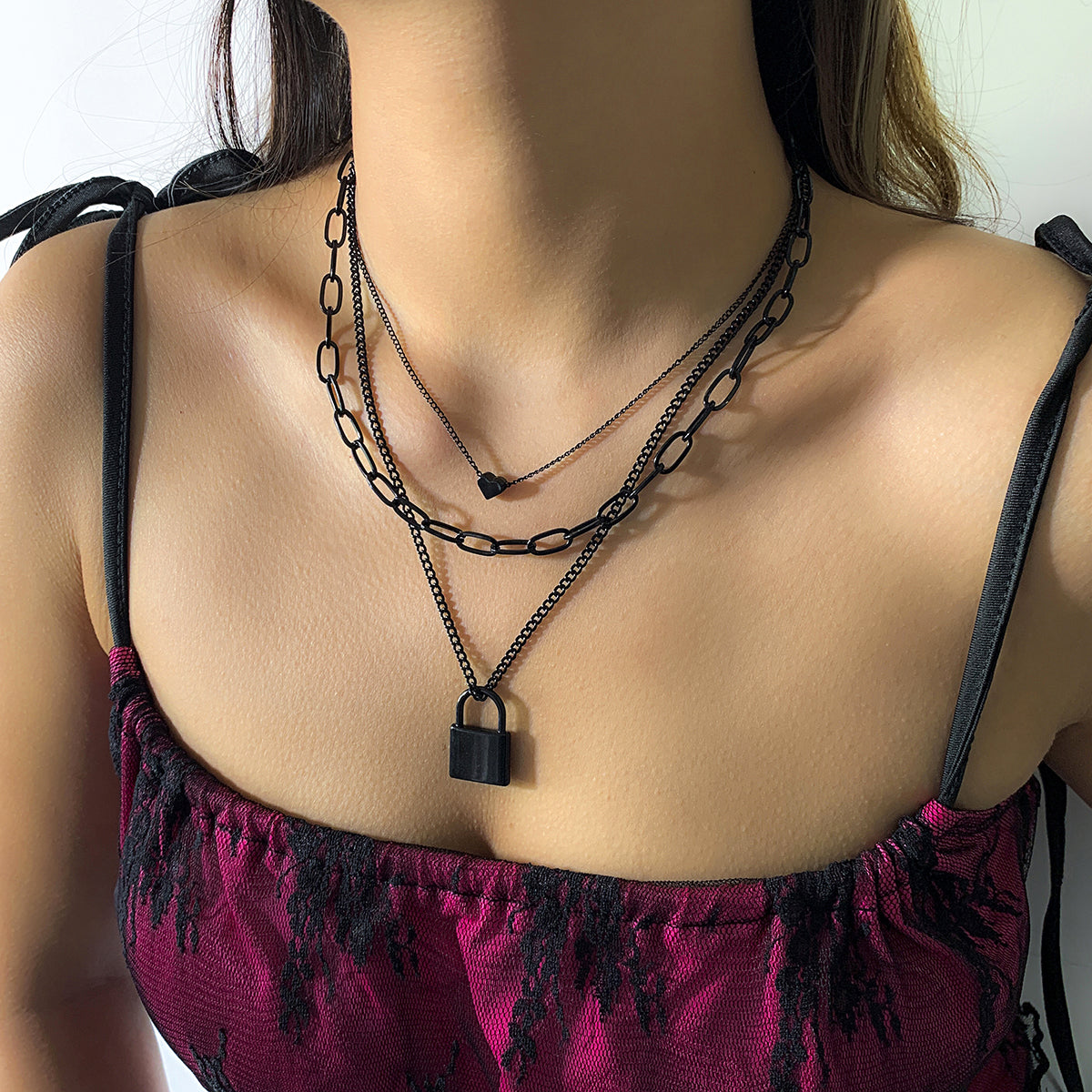 Black Heart and Lock Layered Pendant Necklace, pendant necklace for women, dainty minimalist design, side view