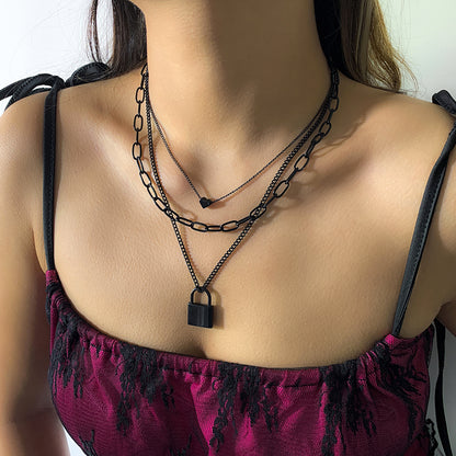 Black Heart and Lock Layered Pendant Necklace, pendant necklace for women, dainty minimalist design, side view