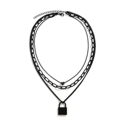 Black Heart and Lock Layered Pendant Necklace, pendant necklace for women, dainty minimalist design, lifestyle look