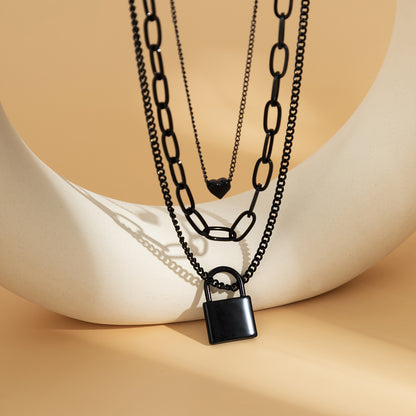 Black Heart and Lock Layered Pendant Necklace, pendant necklace for women, dainty minimalist design, styled look