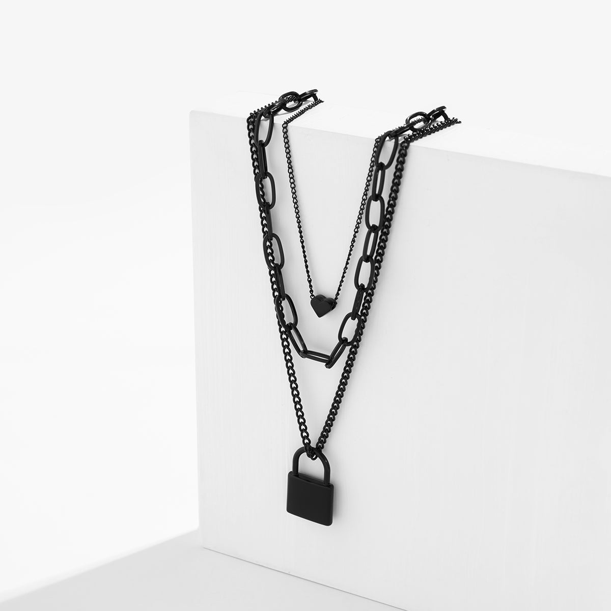 Black Heart and Lock Layered Pendant Necklace, pendant necklace for women, dainty minimalist design, front view