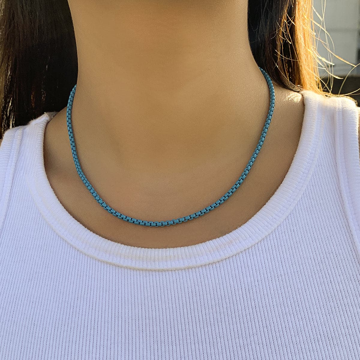 Blue Enamel and Silver-Plated Box Chain Necklace, silver pendant necklace for women, vintage-inspired design, front view