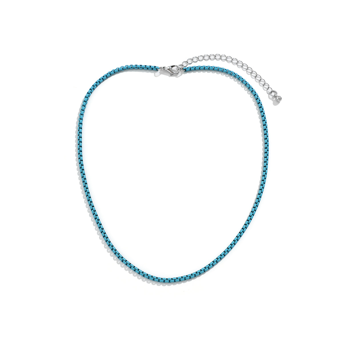 Blue Enamel and Silver-Plated Box Chain Necklace, silver pendant necklace for women, vintage-inspired design, lifestyle look