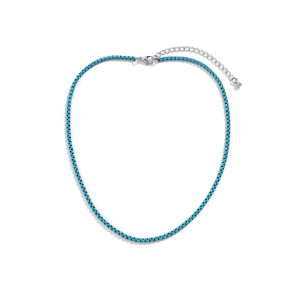 Blue Enamel and Silver-Plated Box Chain Necklace, silver pendant necklace for women, vintage-inspired design, lifestyle look