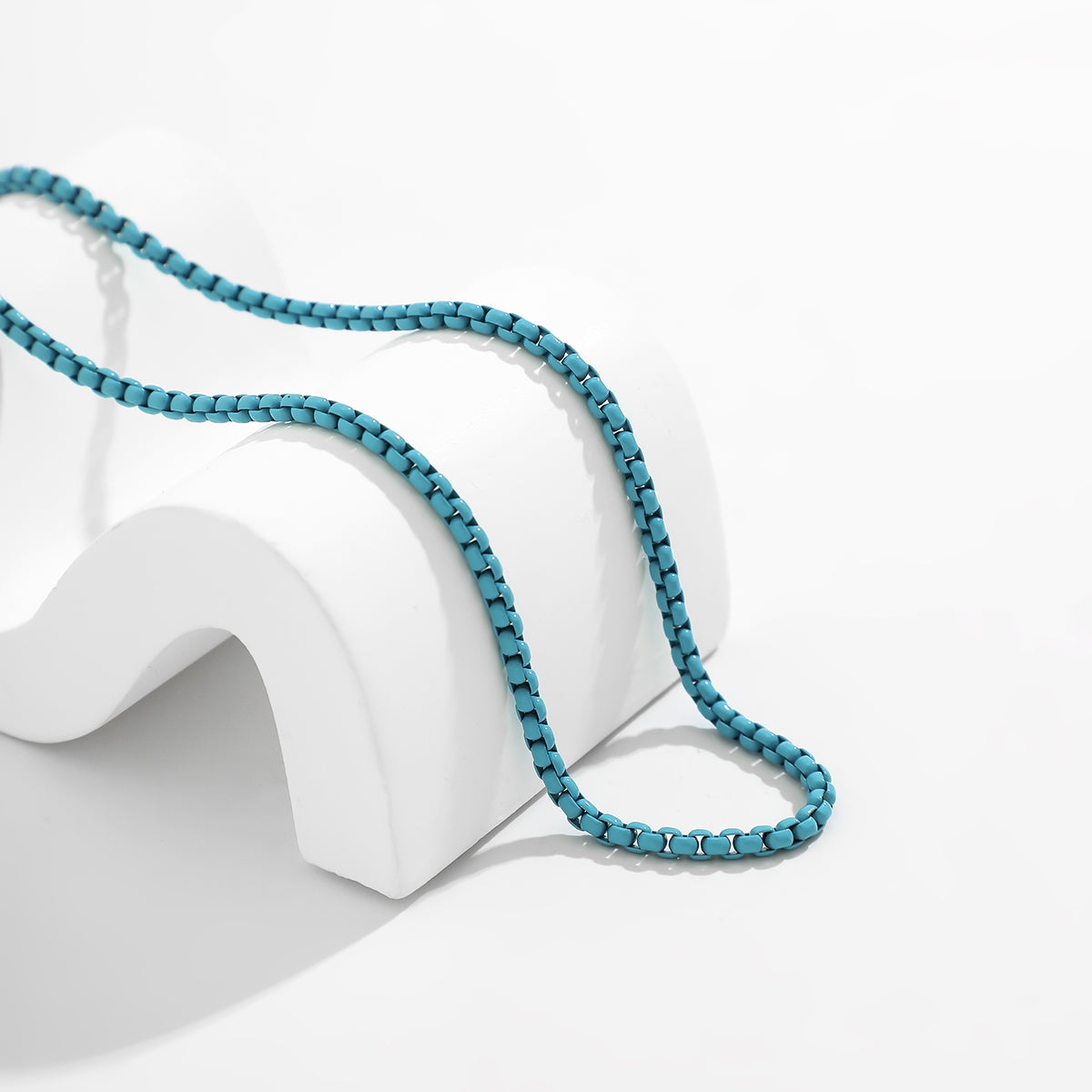 Blue Enamel and Silver-Plated Box Chain Necklace, silver pendant necklace for women, vintage-inspired design, styled look
