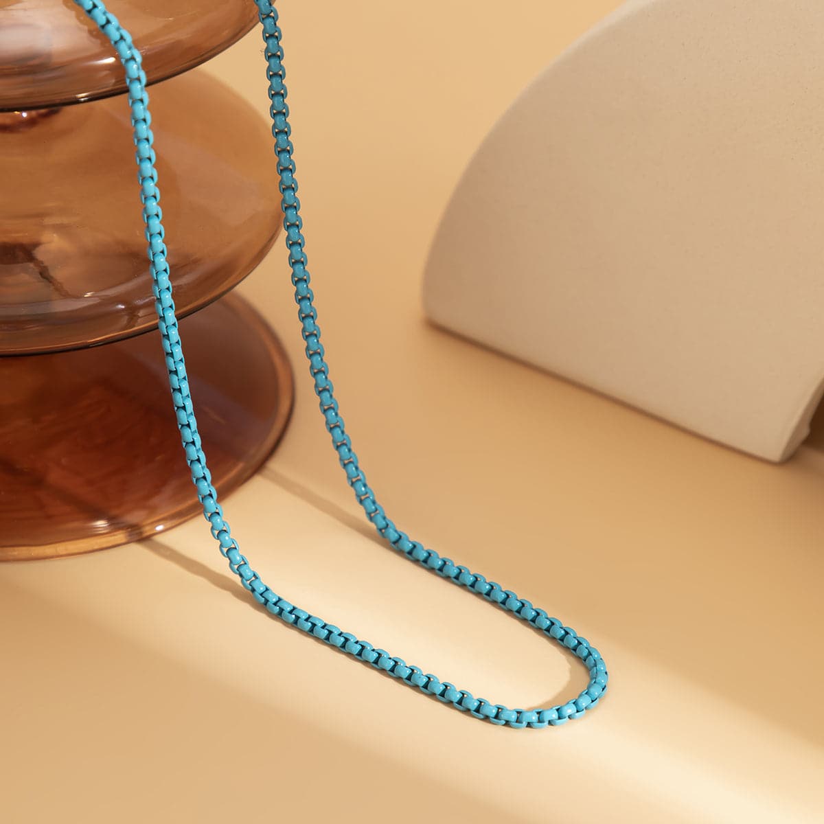 Blue Enamel and Silver-Plated Box Chain Necklace, silver pendant necklace for women, vintage-inspired design, side view