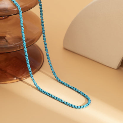 Blue Enamel and Silver-Plated Box Chain Necklace, silver pendant necklace for women, vintage-inspired design, side view