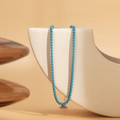 Blue Enamel and Silver-Plated Box Chain Necklace, silver pendant necklace for women, vintage-inspired design, detail close-up