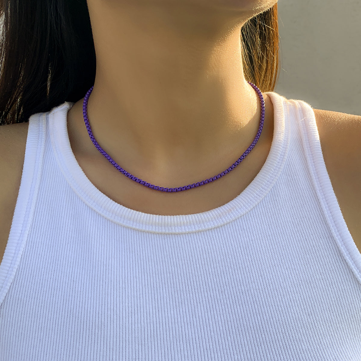 Dark Purple Enamel and Silver-Plated Box Chain Necklace, silver pendant necklace for women, front view