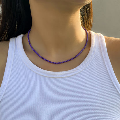 Dark Purple Enamel and Silver-Plated Box Chain Necklace, silver pendant necklace for women, front view