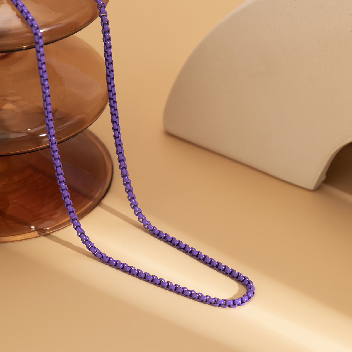 Dark Purple Enamel and Silver-Plated Box Chain Necklace, silver pendant necklace for women, side view