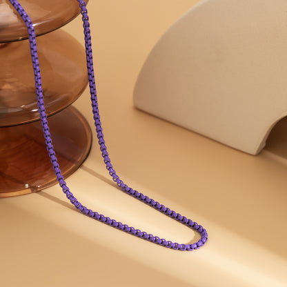 Dark Purple Enamel and Silver-Plated Box Chain Necklace, silver pendant necklace for women, side view