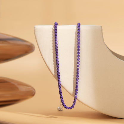 Dark Purple Enamel and Silver-Plated Box Chain Necklace, silver pendant necklace for women, detail close-up