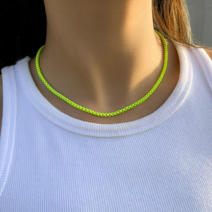 Fluorescent Green Enamel and Silver-Plated Chain Necklace, silver pendant necklace for women, everyday style, front view