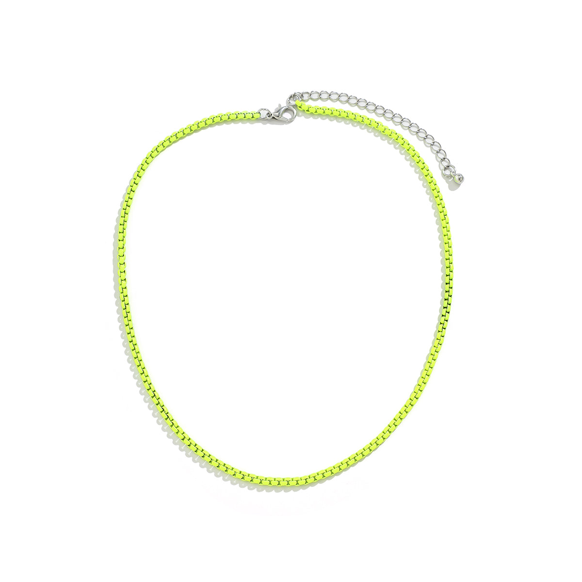 Fluorescent Green Enamel and Silver-Plated Chain Necklace, silver pendant necklace for women, everyday style, side view