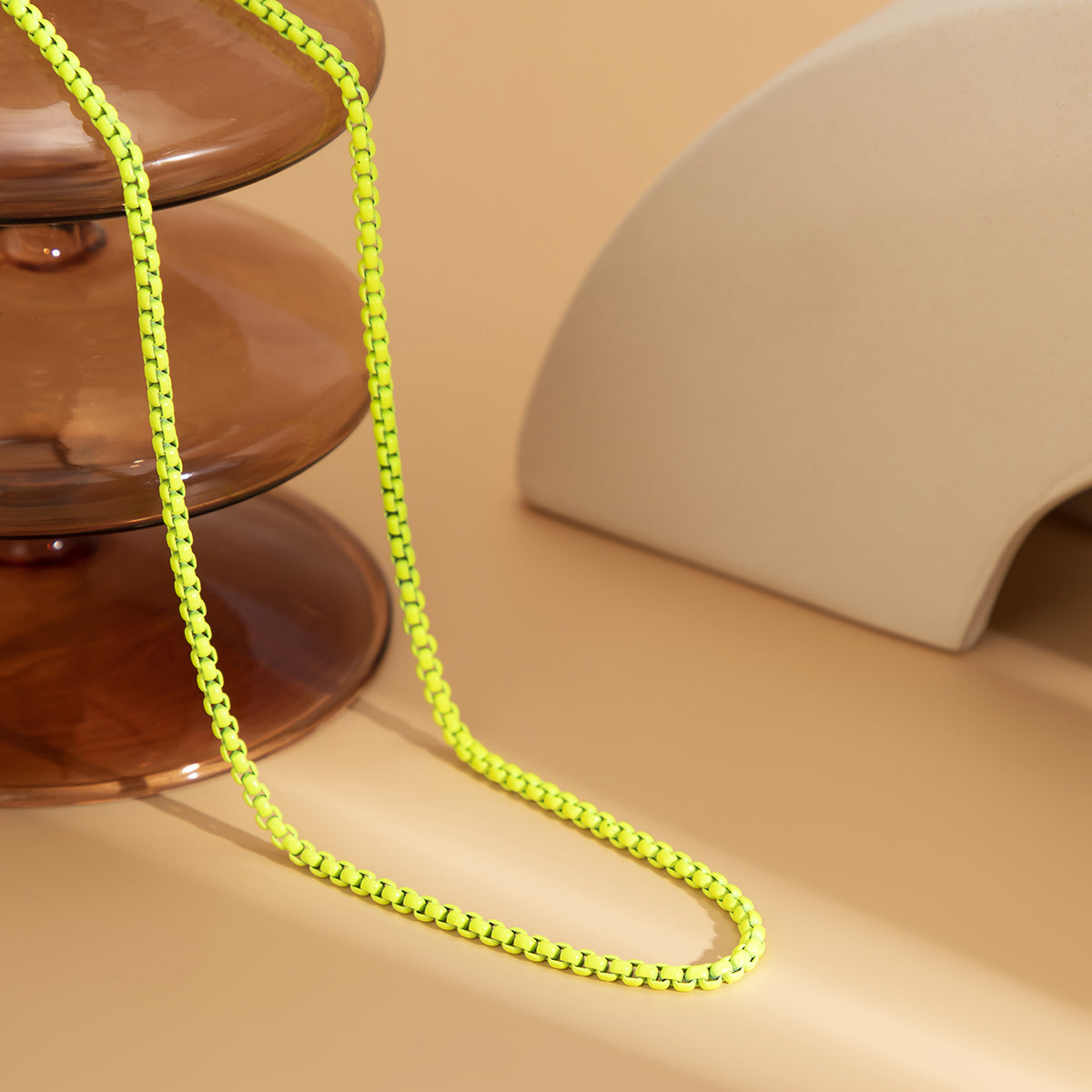 Fluorescent Green Enamel and Silver-Plated Chain Necklace, silver pendant necklace for women, everyday style, detail close-up