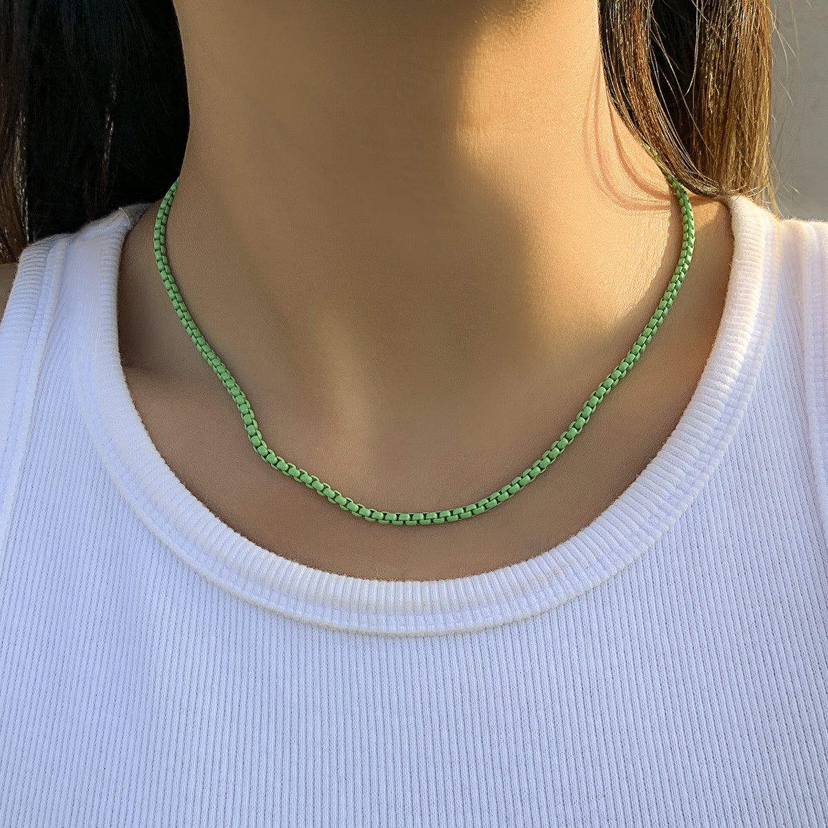 Green Enamel and Silver-Plated Chain Necklace, silver pendant necklace for women, elegant gift for her, front view