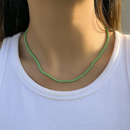 Green Enamel and Silver-Plated Chain Necklace, silver pendant necklace for women, elegant gift for her, front view