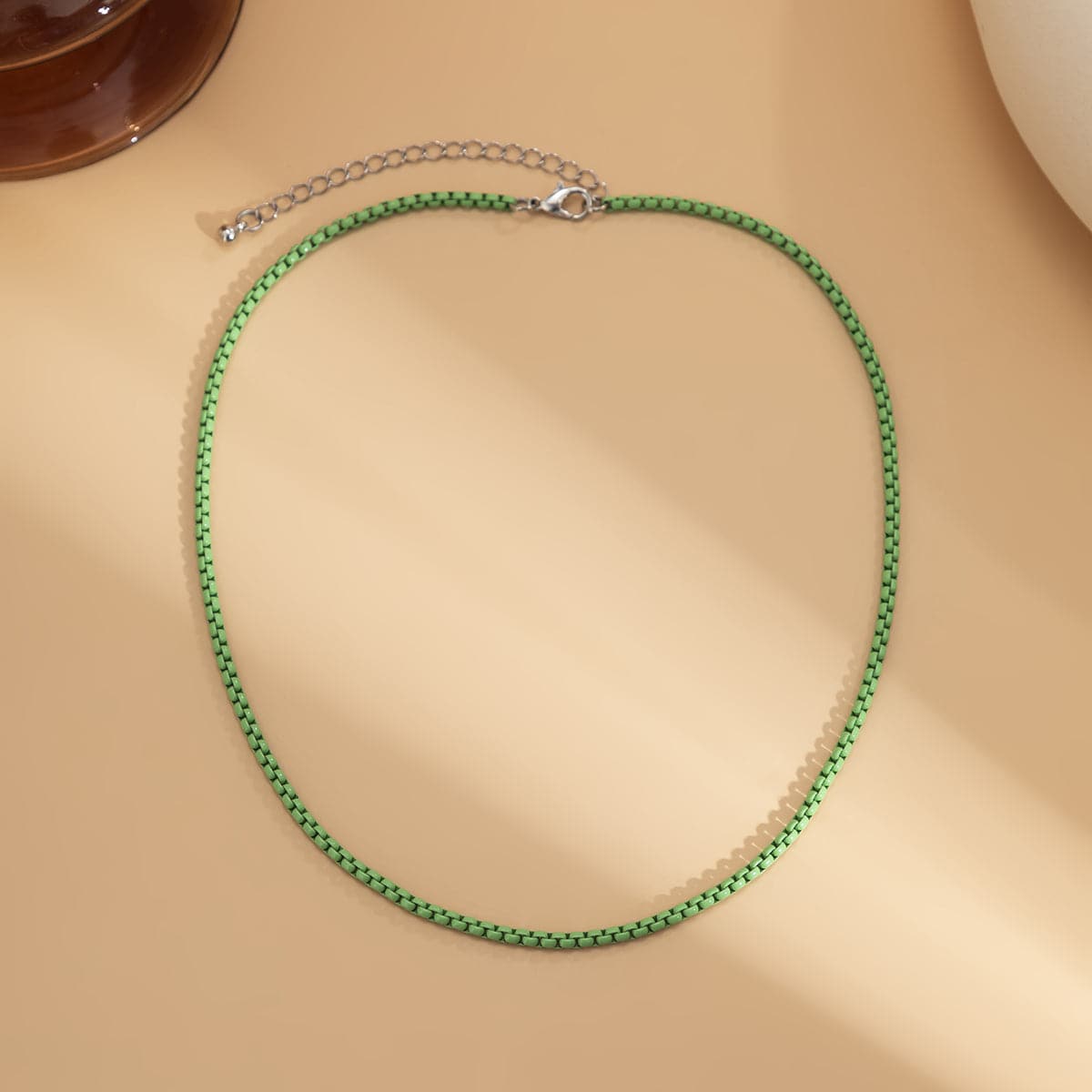 Green Enamel and Silver-Plated Chain Necklace, silver pendant necklace for women, elegant gift for her, lifestyle look