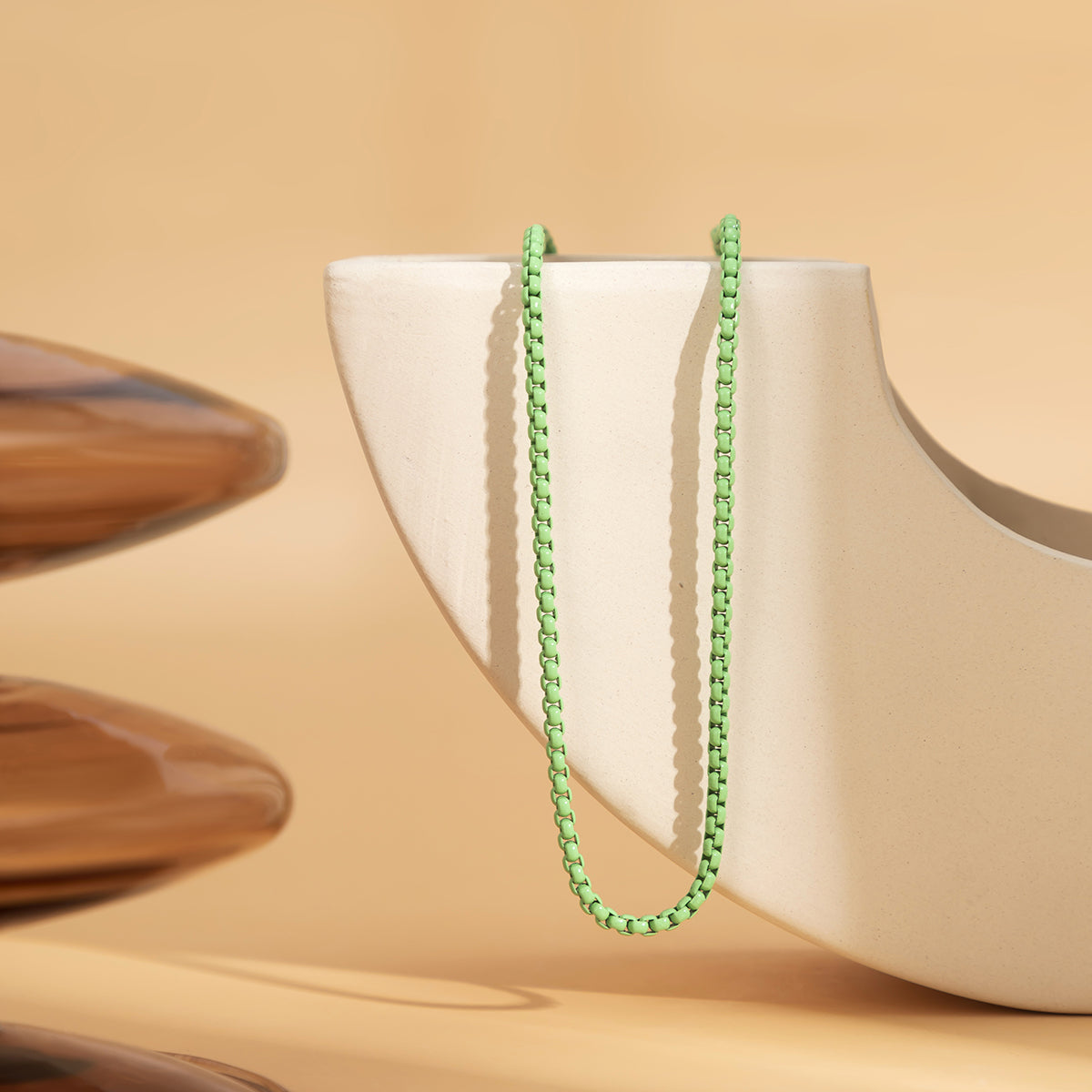 Green Enamel and Silver-Plated Chain Necklace, silver pendant necklace for women, elegant gift for her, side view