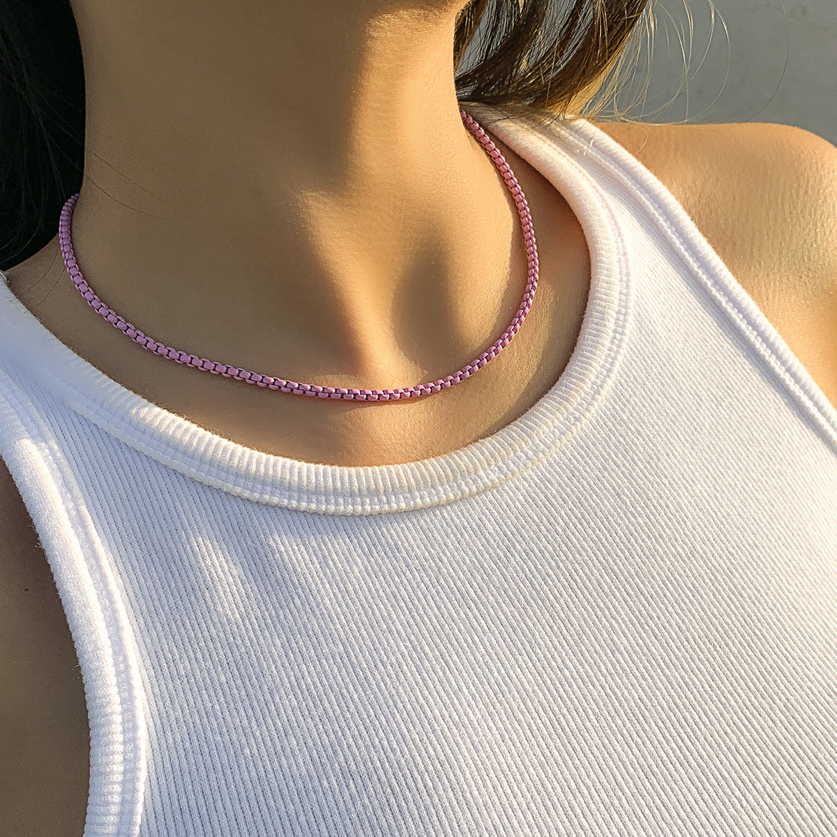 Light Purple Enamel and Silver-Plated Chain Necklace, silver pendant necklace for women, vintage-inspired design, front view