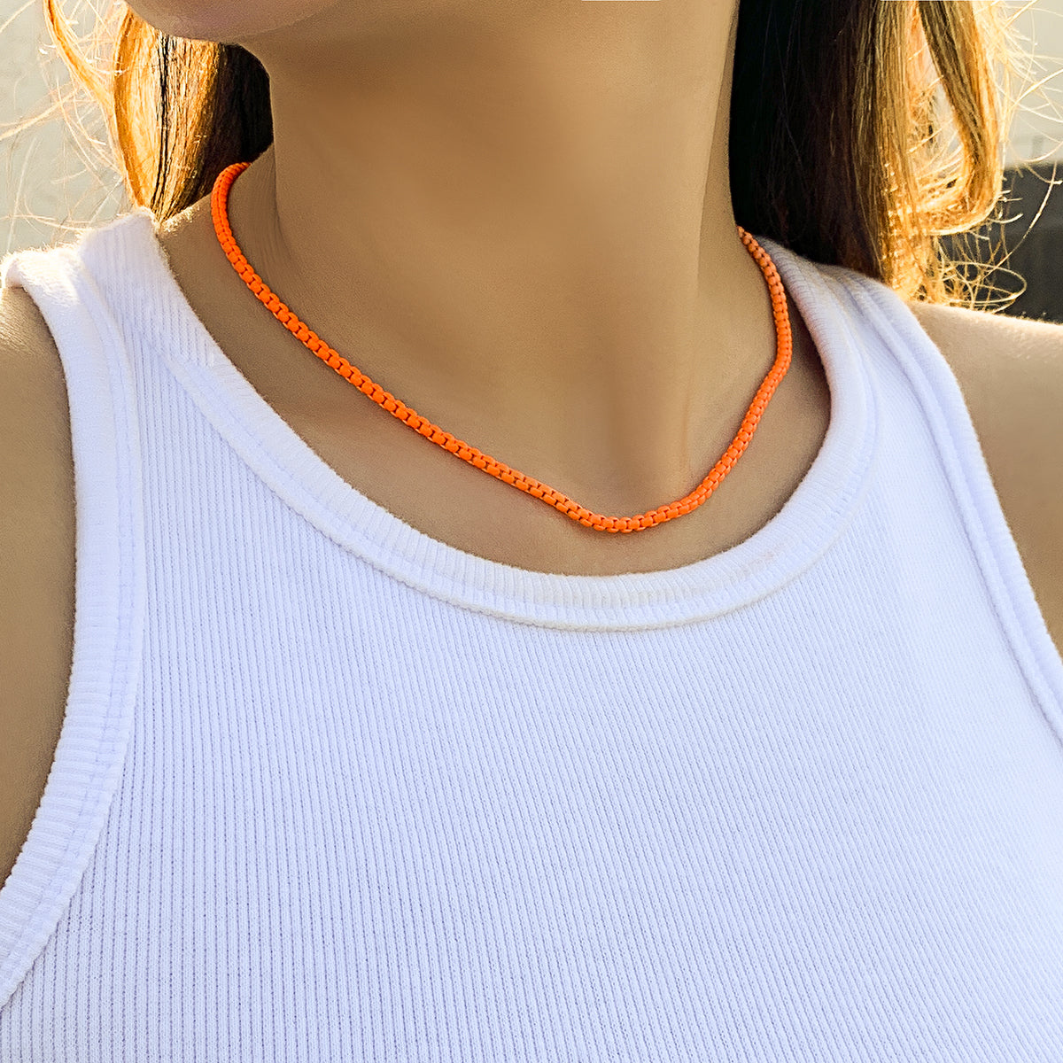 Orange Enamel and Silver-Plated Chain Necklace, silver pendant necklace for women, botanical inspired, front view