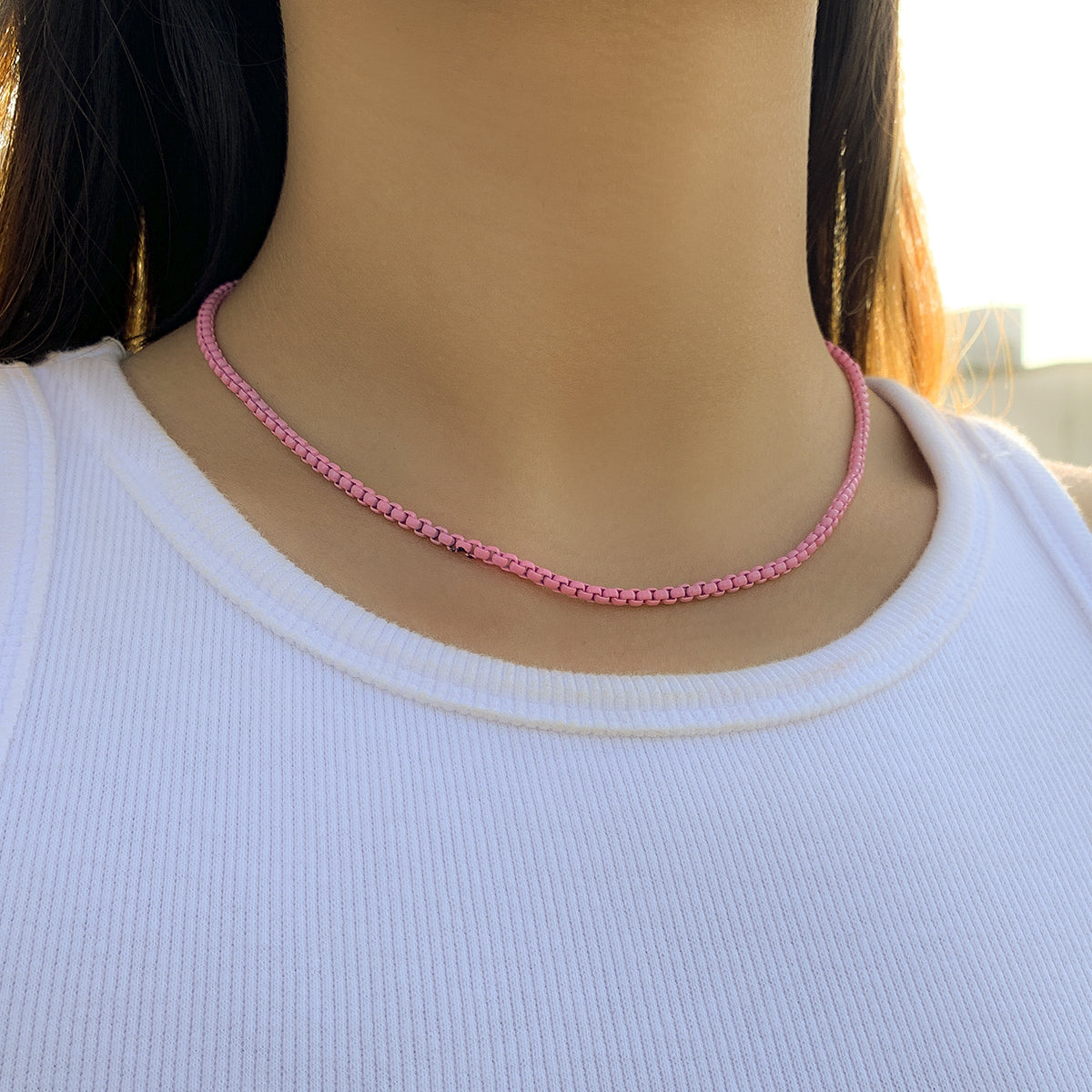 Pink Enamel and Silver-Plated Chain Necklace, silver pendant necklace for women, everyday style, front view