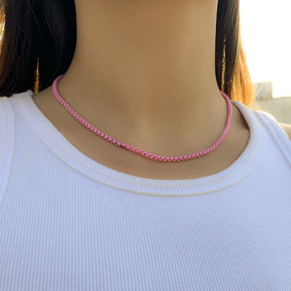 Pink Enamel and Silver-Plated Chain Necklace, silver pendant necklace for women, everyday style, front view