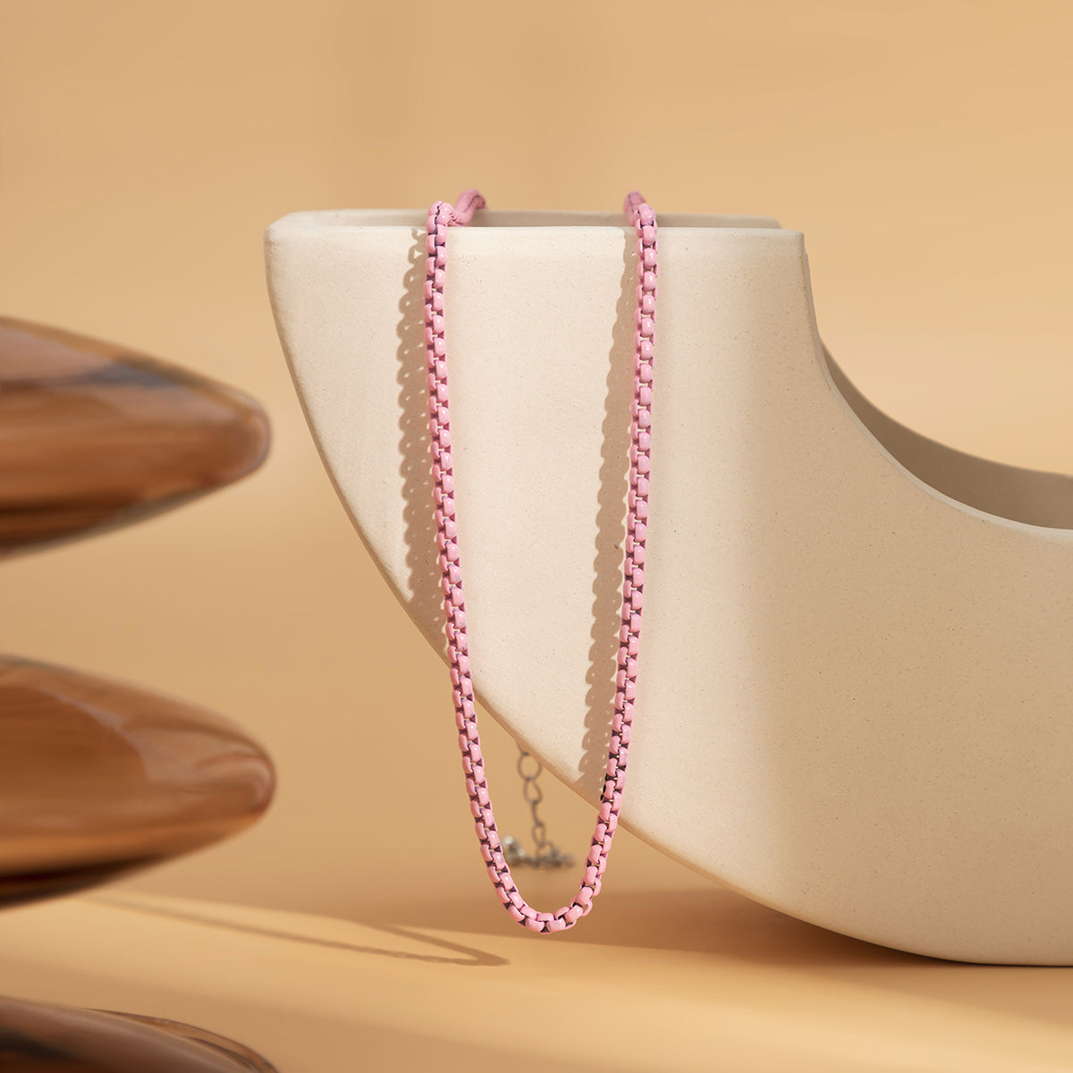 Pink Enamel and Silver-Plated Chain Necklace, silver pendant necklace for women, everyday style, side view