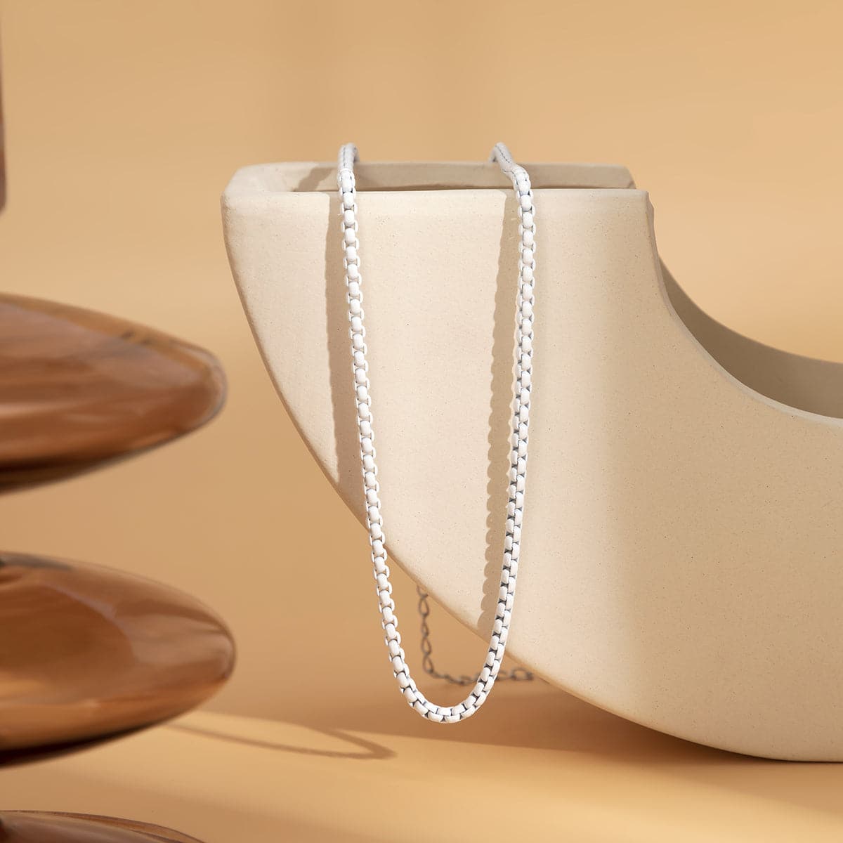 White Enamel and Silver-Plated Chain Necklace, silver pendant necklace for women, elegant gift for her, side view