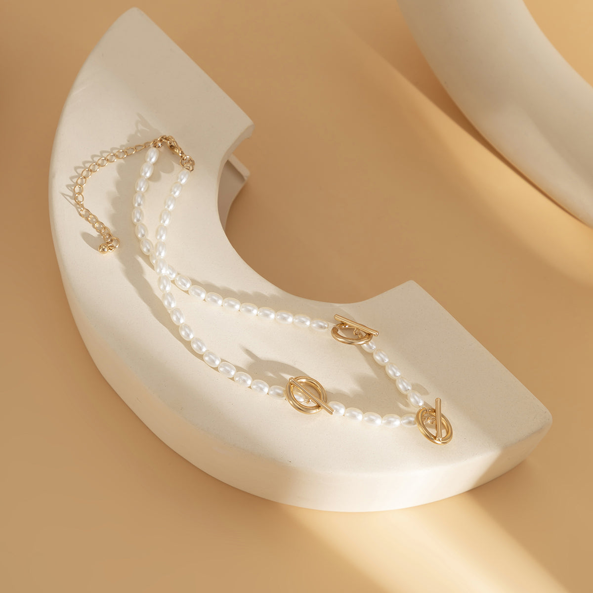 Pearl and 18K Gold-Plated Circle Bar Station Necklace, gold pendant necklace for women, vintage-inspired design, styled look