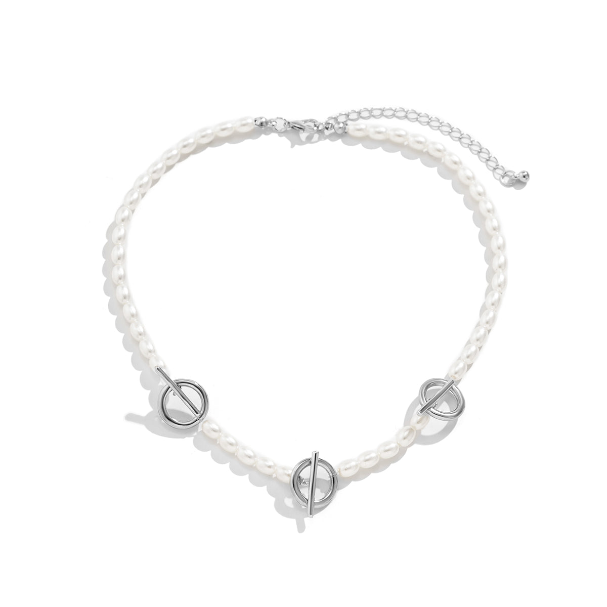 Pearl and Silver-Plated Circle Bar Station Necklace, silver pendant necklace for women, lifestyle look