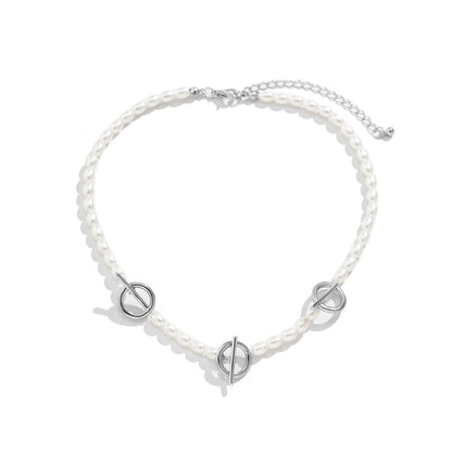 Pearl and Silver-Plated Circle Bar Station Necklace, silver pendant necklace for women, lifestyle look