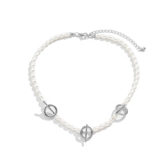 Pearl & Silver-Plated Circle Bar Station Necklace