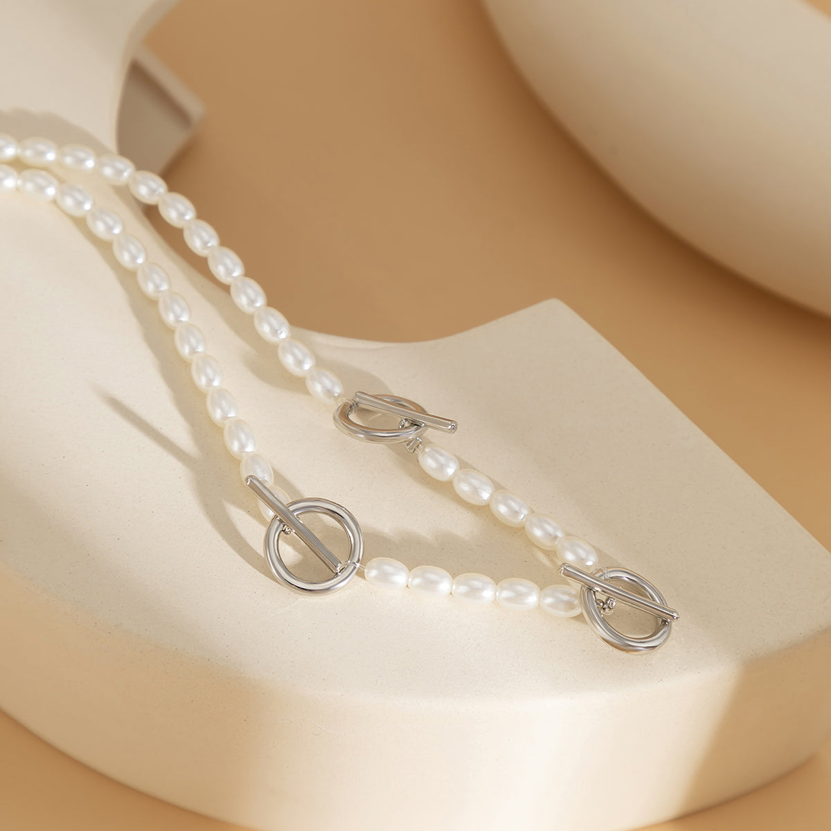 Pearl and Silver-Plated Circle Bar Station Necklace, silver pendant necklace for women, vintage-inspired design, styled look
