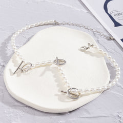Pearl & Silver-Plated Circle Bar Station Necklace