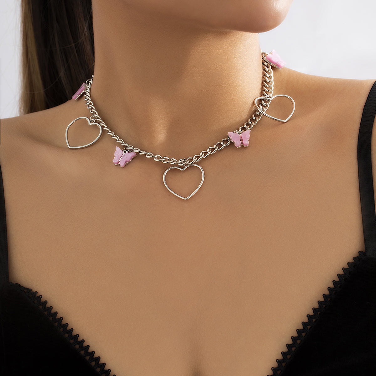 Acrylic & Silver-Plated Butterfly Open Heart Choker Necklace
